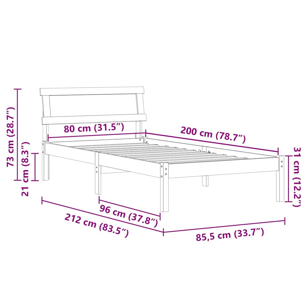 Bettrahmen mit Kopfteil Weiß 80 x 200 cm Massives Kiefernholz