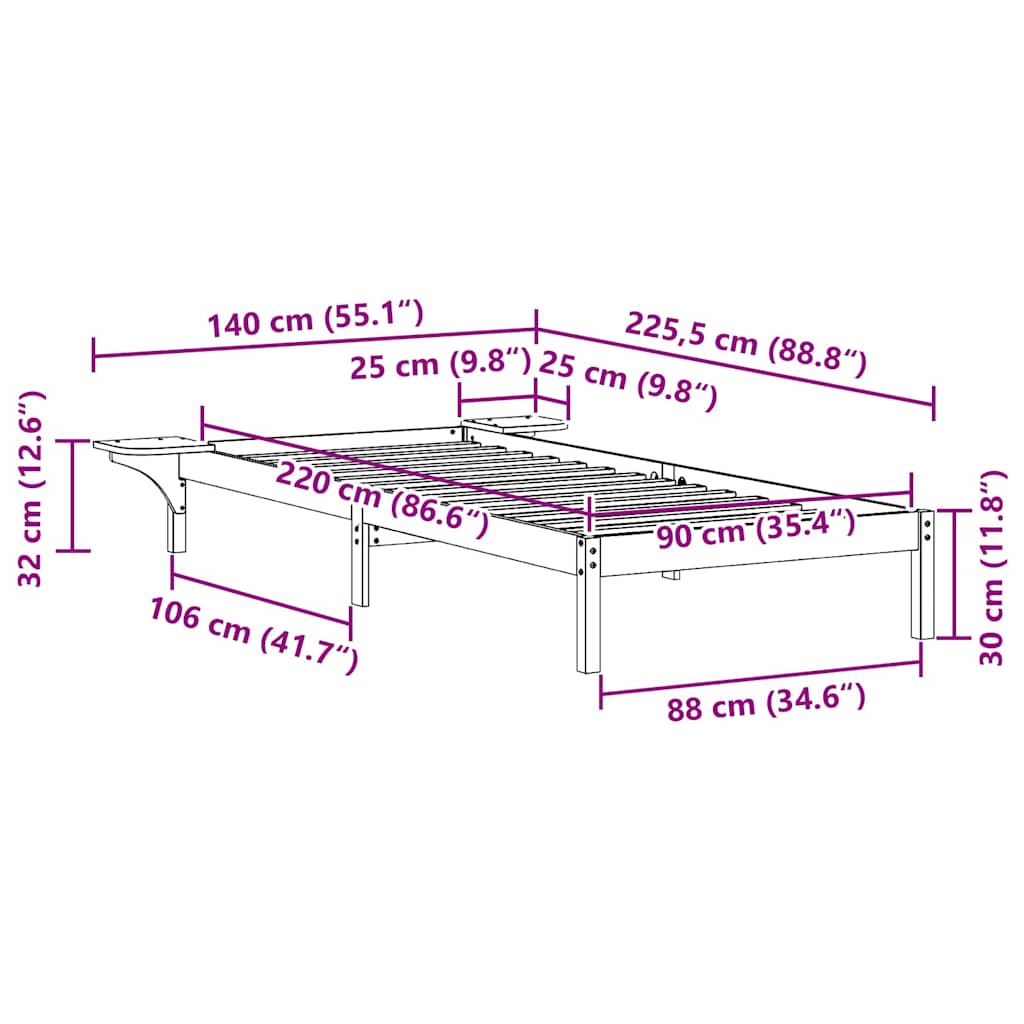 Bettgestell mit Nachttischen Wachsbraun 90 x 220 cm