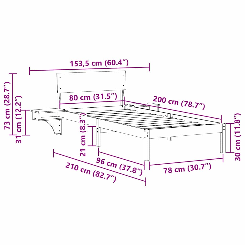 Bettrahmen mit Kopfteil Weiß 80 x 200 cm Massives Kiefernholz