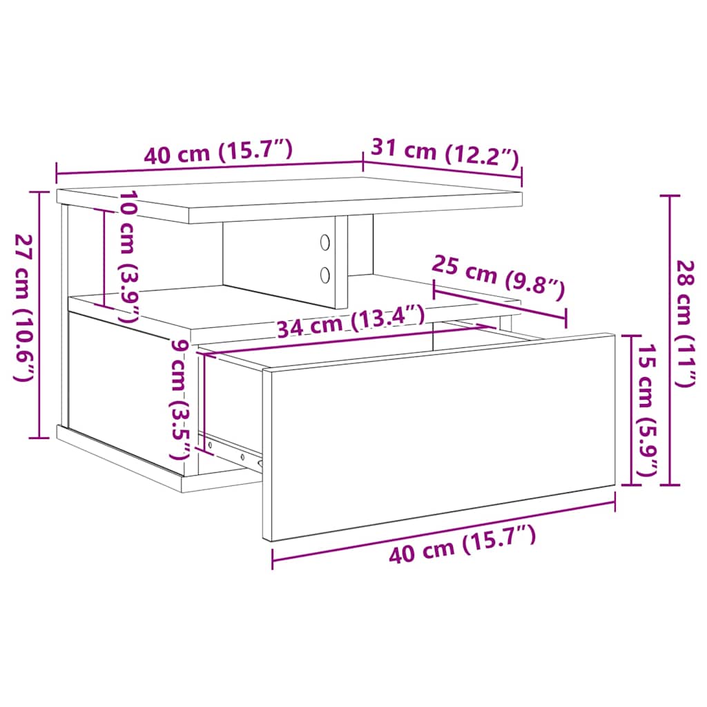 vidaXL Schwebender Nachttisch Schwarz Eichen-Optik 40 x 31 x 28 cm
