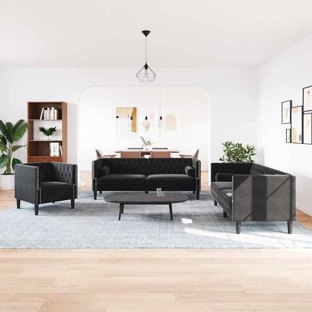 vidaXL Wohnzimmer Couch 3 pcs Schwarz 194 x 74,5 x 70,5 cm Samt