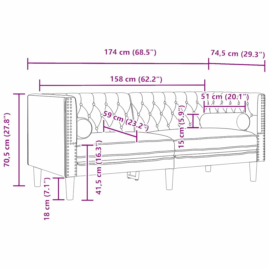 vidaXL Sofa Schwarz 174 x 74,5 x 70,5 cm Samt