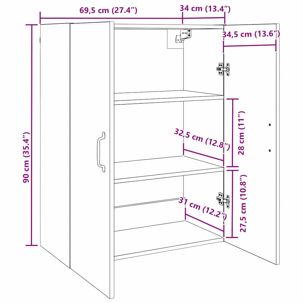 Wandschrank Wandmontiert Schwarz Eichen-Optik 69,5 x 34 x 90 cm
