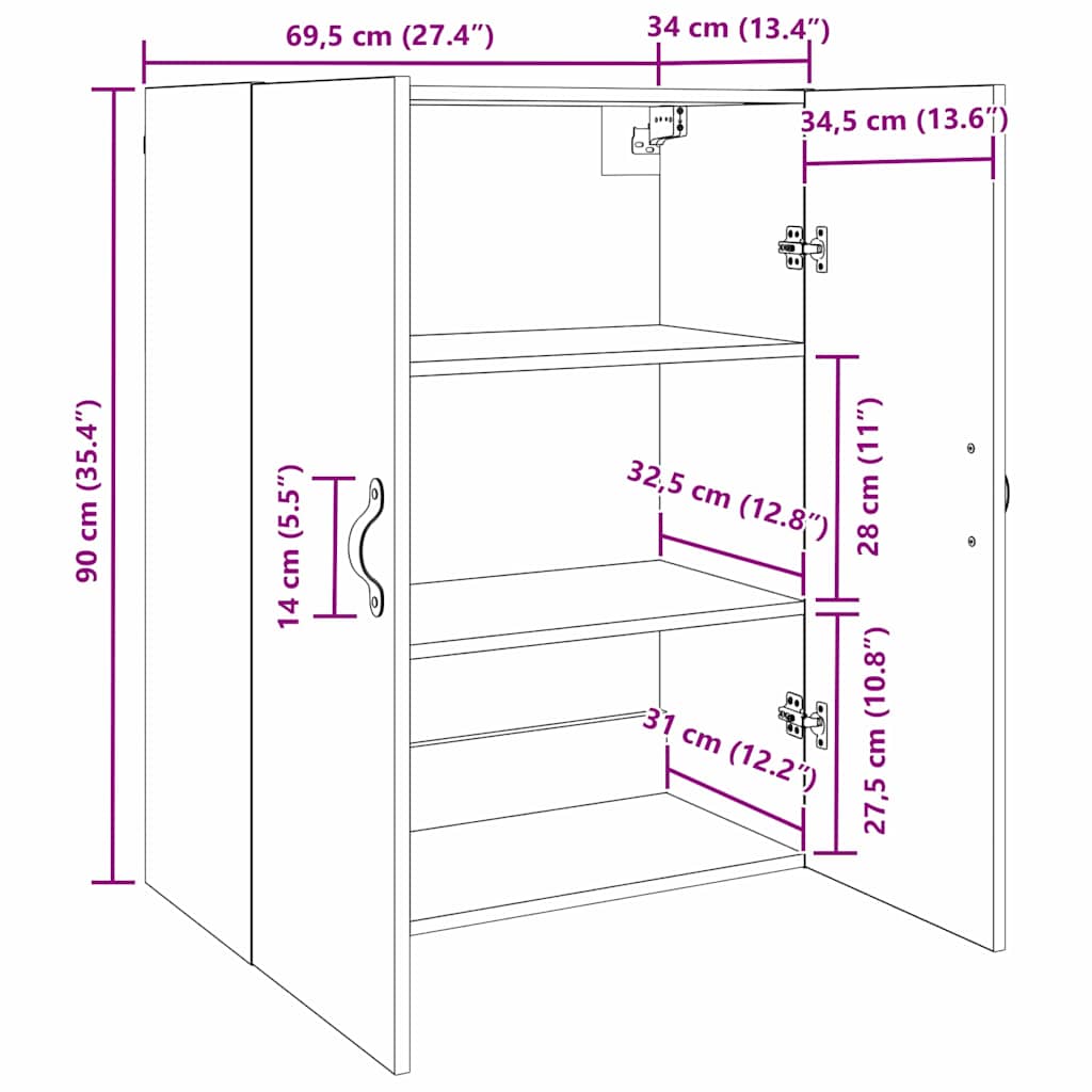 Wandschrank Wandmontiert Schwarz Eichen-Optik 69,5 x 34 x 90 cm