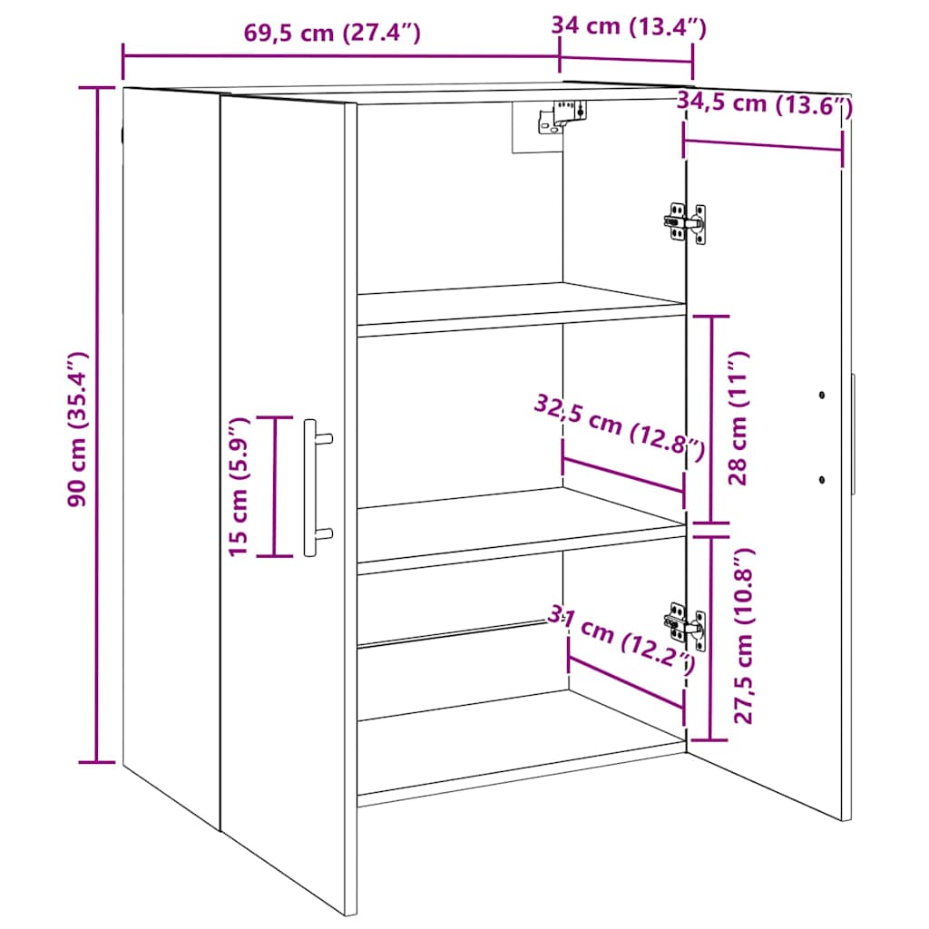 Wandschrank Wandmontiert Schwarz Eichen-Optik 69,5 x 34 x 90 cm