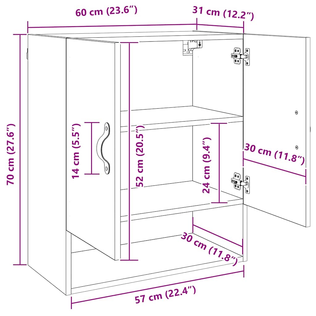 vidaXL Wandschrank Wandmontiert Altholz 60 x 31 x 70 cm Holzwerkstoff