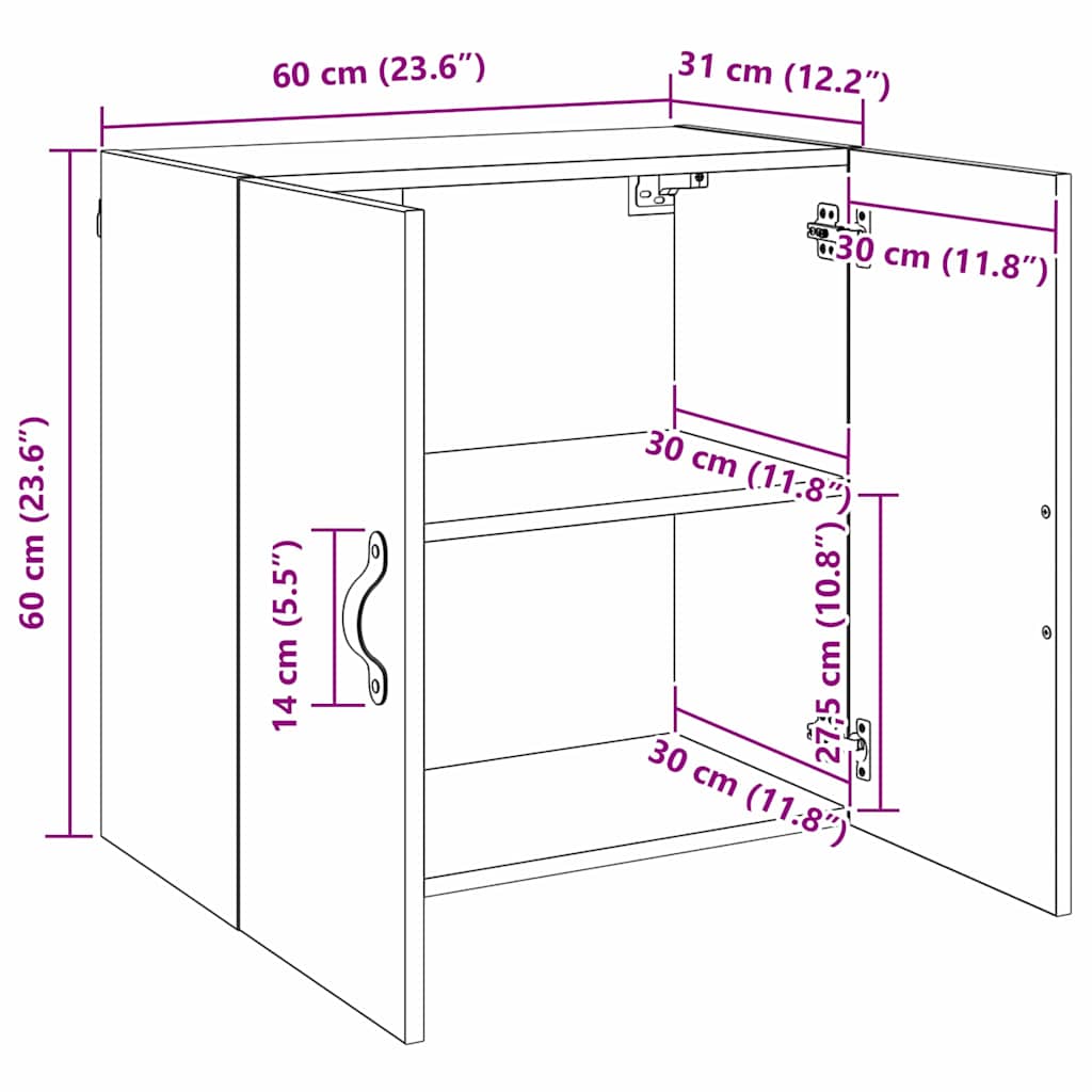 vidaXL Wandschrank Wandmontiert Altholz 60 x 31 x 60 cm Holzwerkstoff