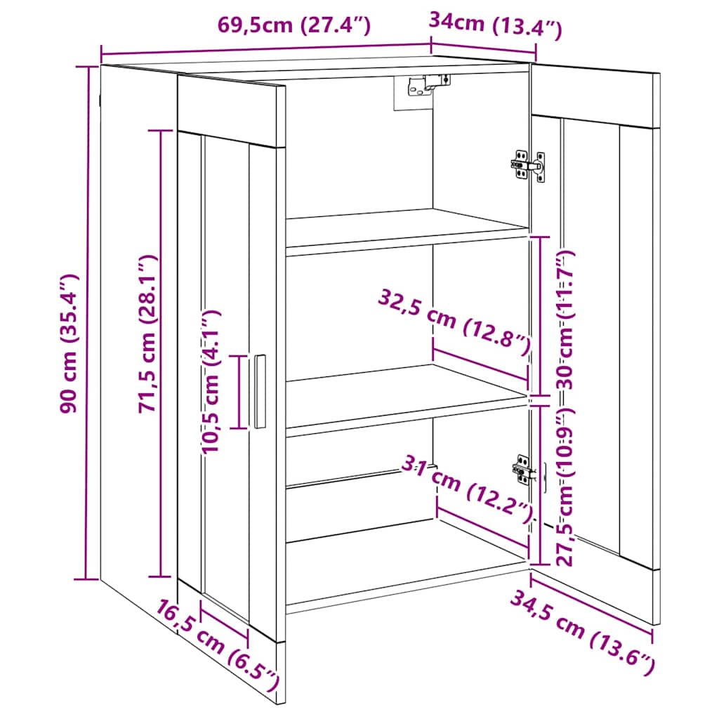 Wandschrank Schwarz 69,5 x 34 x 90 cm Holzwerkstoff