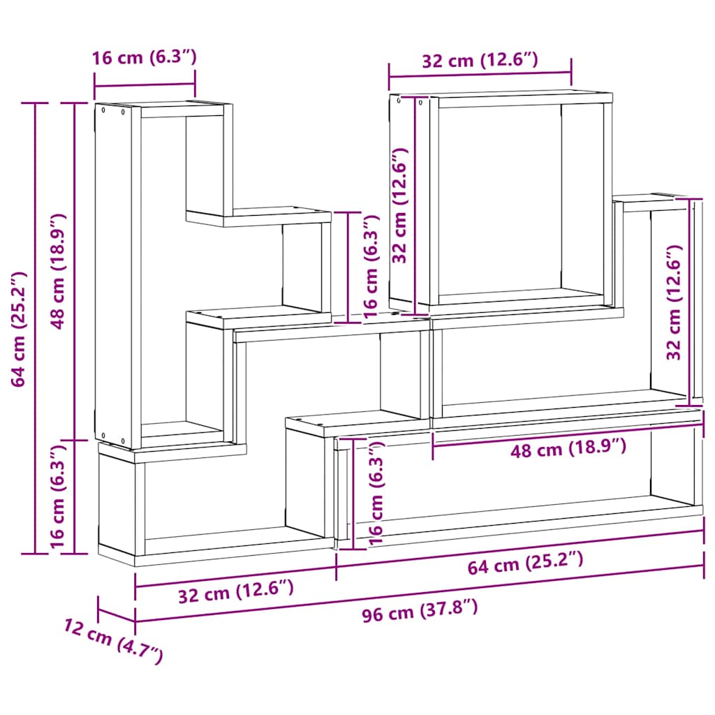 vidaXL Wandwürfel Schwarz Eichen-Optik 96 x 12 x 64 cm Holzwerkstoff