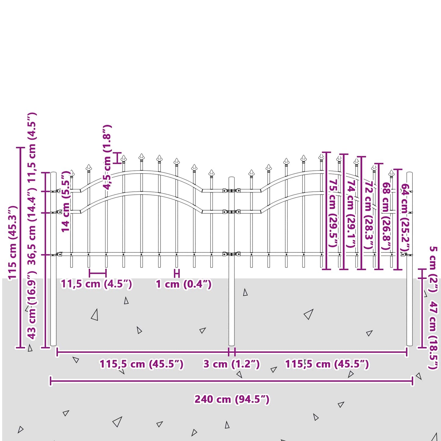 vidaXL Gartenzaun Grau 240 x 115 cm Pulverbeschichteter Stahl