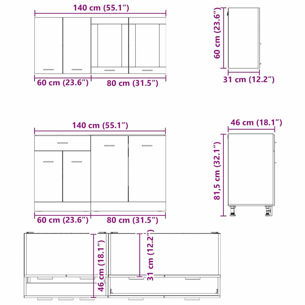 vidaXL Küchenschrank-Set Lyon 4 pcs Grau Sonoma 140 x 46 x 81.5 cm