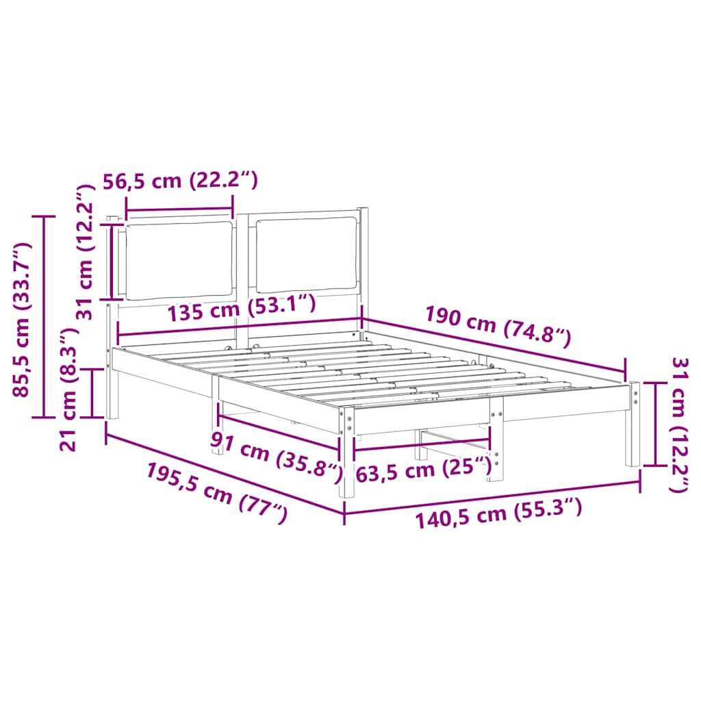 Bettrahmen Schwarz 135 x 190 cm Massives Kiefernholz