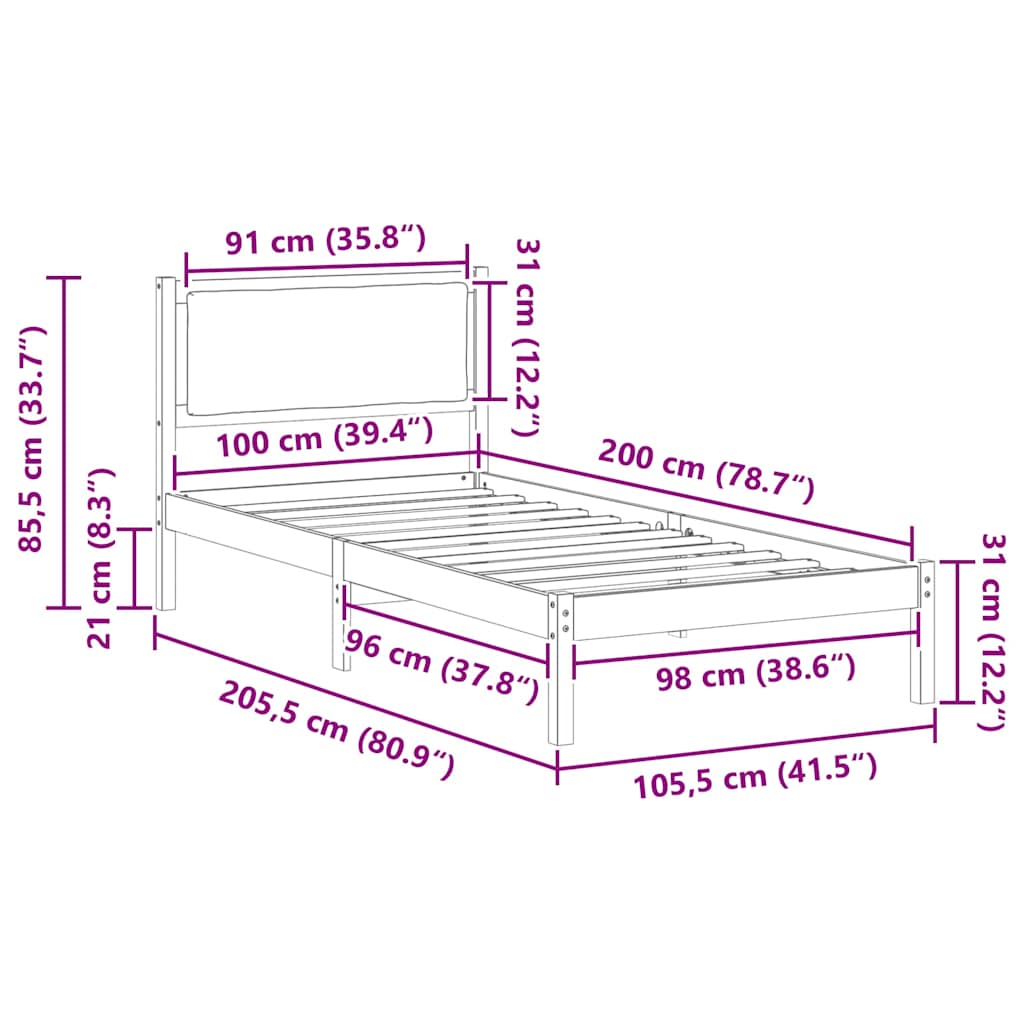 Bettrahmen Dunkelgrau 100 x 200 cm Massives Kiefernholz