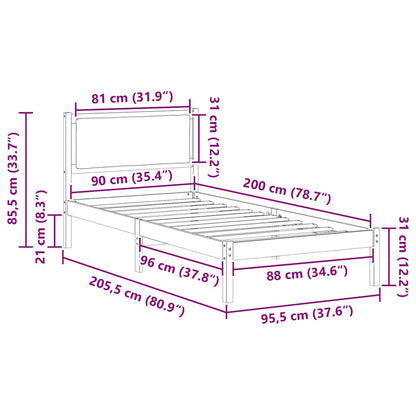 Bettrahmen Schwarz 90 x 200 cm Massives Kiefernholz