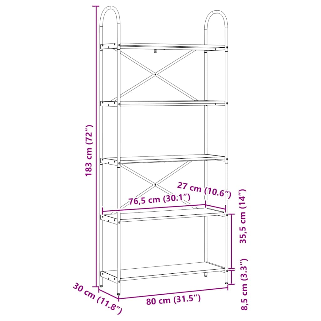 vidaXL Bücherregal Schwarz Eichen-Optik 80 x 30 x 183 cm Holzwerkstoff