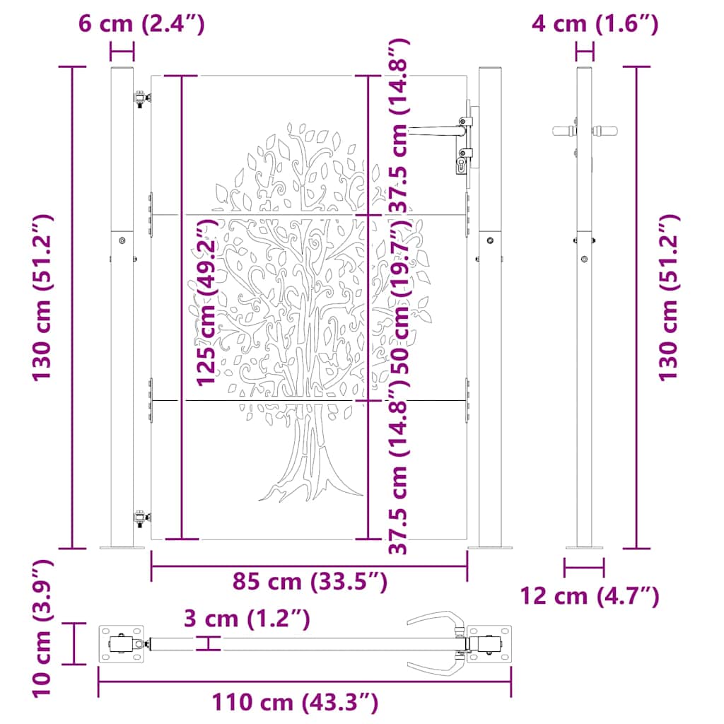 Gartentor Schwarz 110 x 130 cm Pulverbeschichteter Stahl