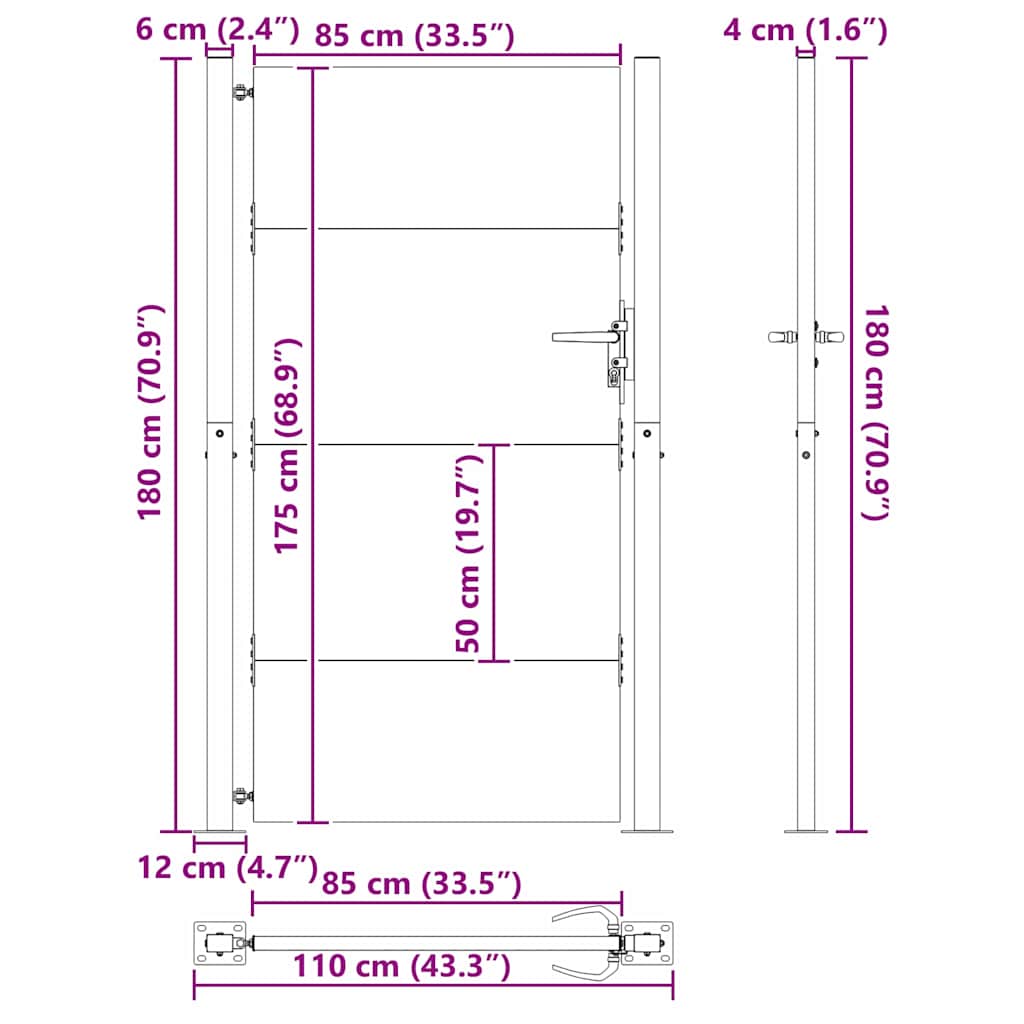 vidaXL Gartentor Schwarz 105 x 175 cm Pulverbeschichteter Stahl