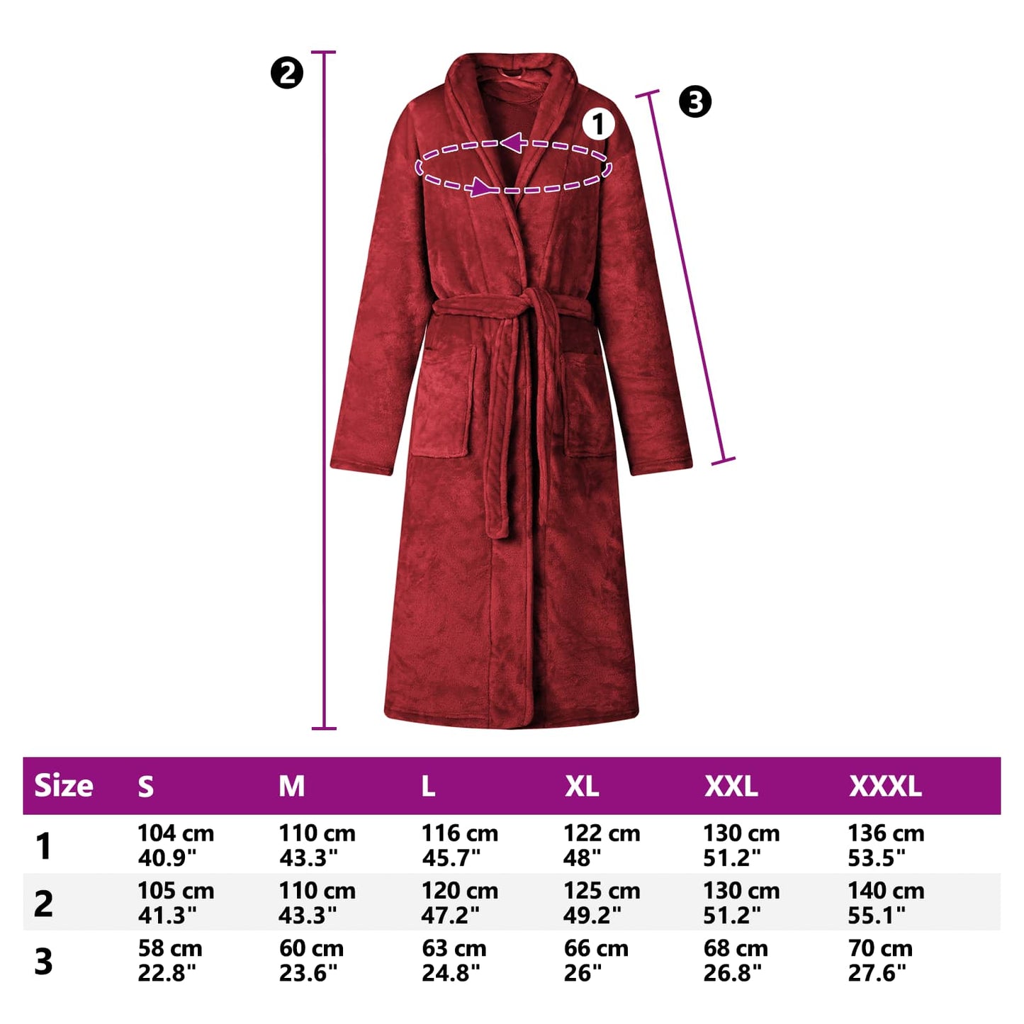 Bademantel ohne Kapuze Bordeauxrot L Flanell