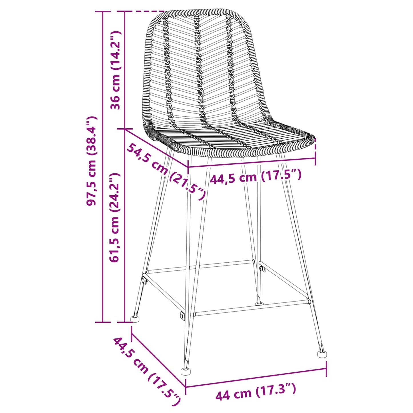 Barstuhl 2 pcs Schwarz 44,5 x 54,5 x 97,5 cm Rattan und Eisen