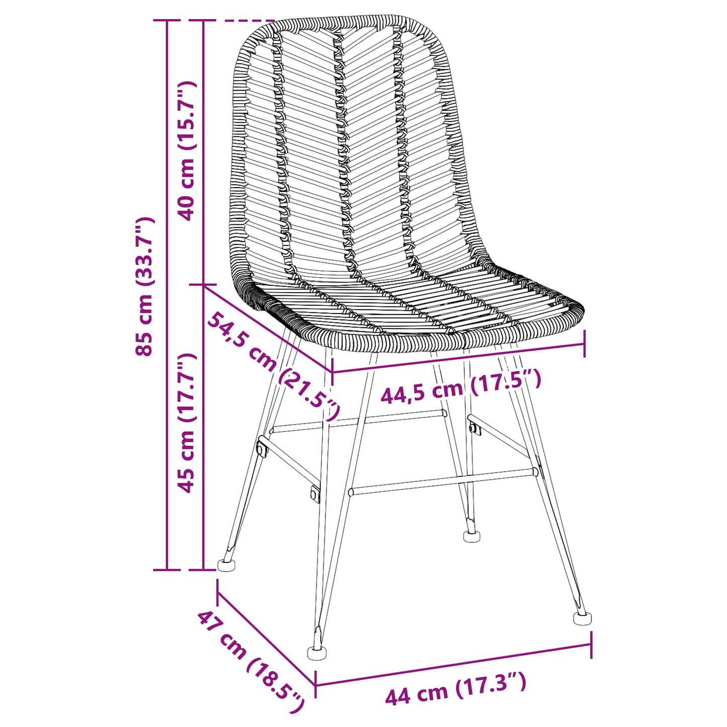 vidaXL Esszimmerstuhl 2 pcs Natur 44 x 47 x 85 cm Rattan und Eisen