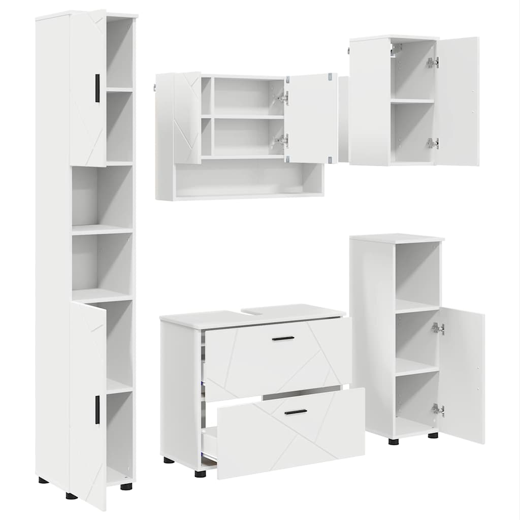 vidaXL Ensemble de meubles de salle de bain avec étagère 5 pcs Blanc Contreplaqué et Métal