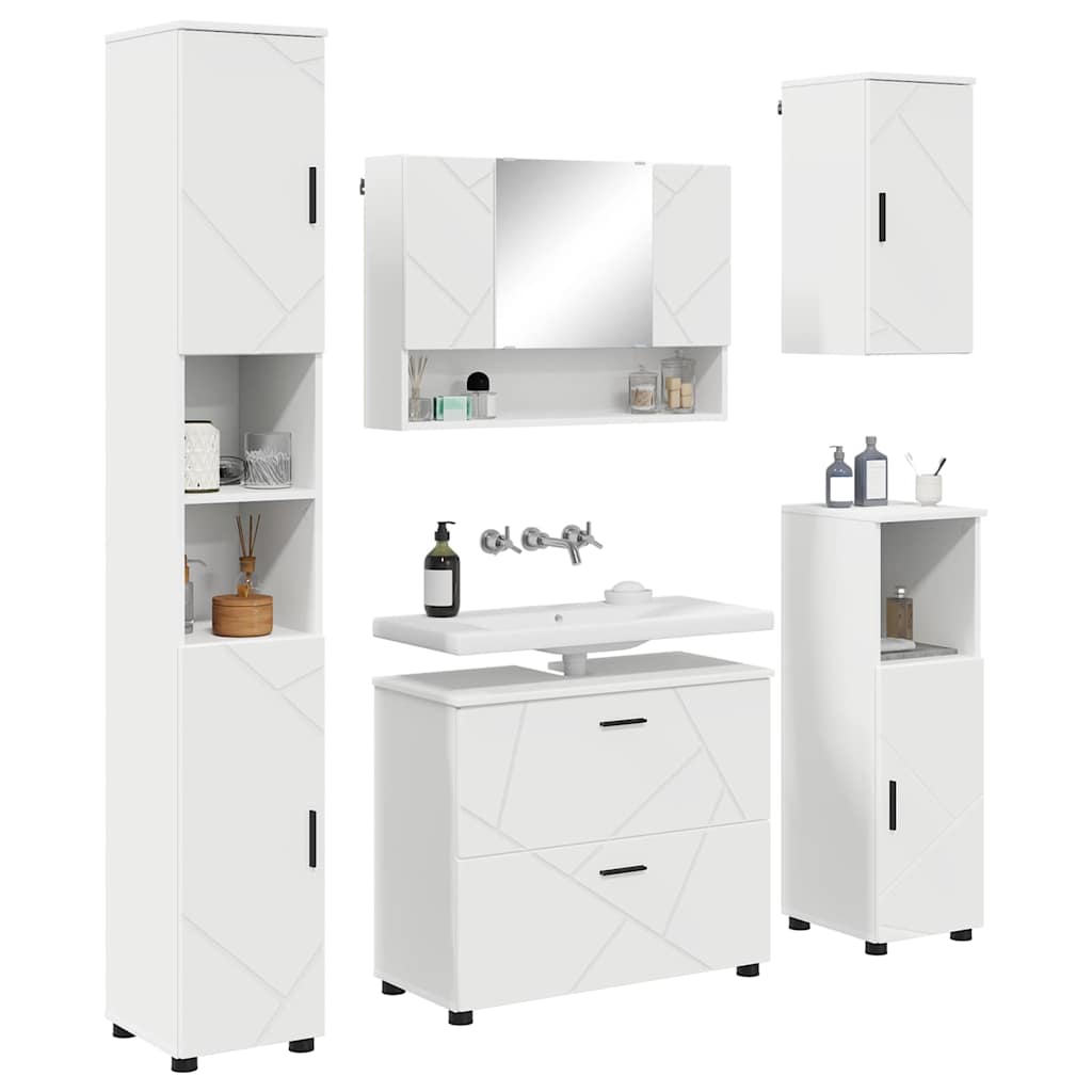 vidaXL Ensemble de meubles de salle de bain avec étagère 5 pcs Blanc Contreplaqué et Métal