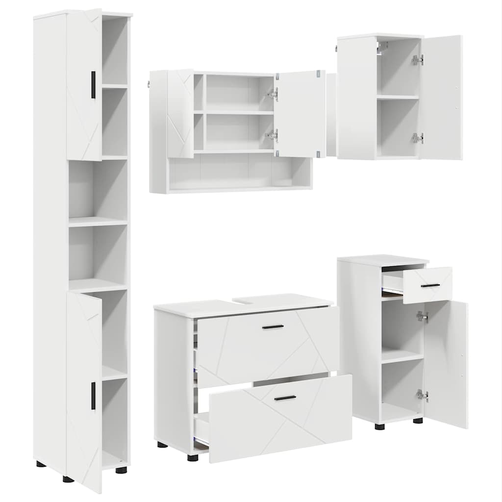 vidaXL Ensemble de meubles de salle de bain avec étagère 5 pcs Blanc Contreplaqué et métal