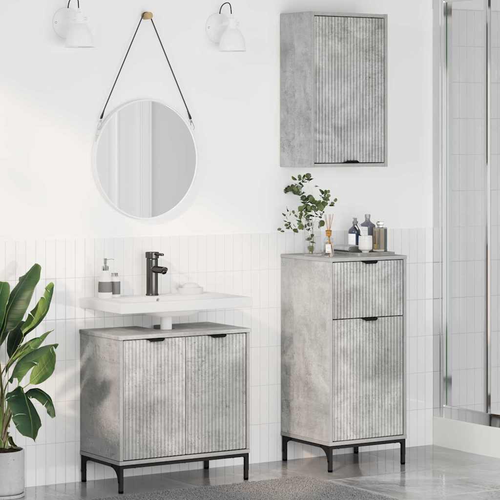 vidaXL Ensemble de meubles de salle de bain avec étagère 3 pcs Gris béton Bois d'ingénierie