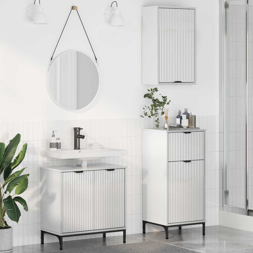 vidaXL Ensemble de meubles de salle de bain avec porte, 3 pcs, blanc brillant, bois d'ingénierie