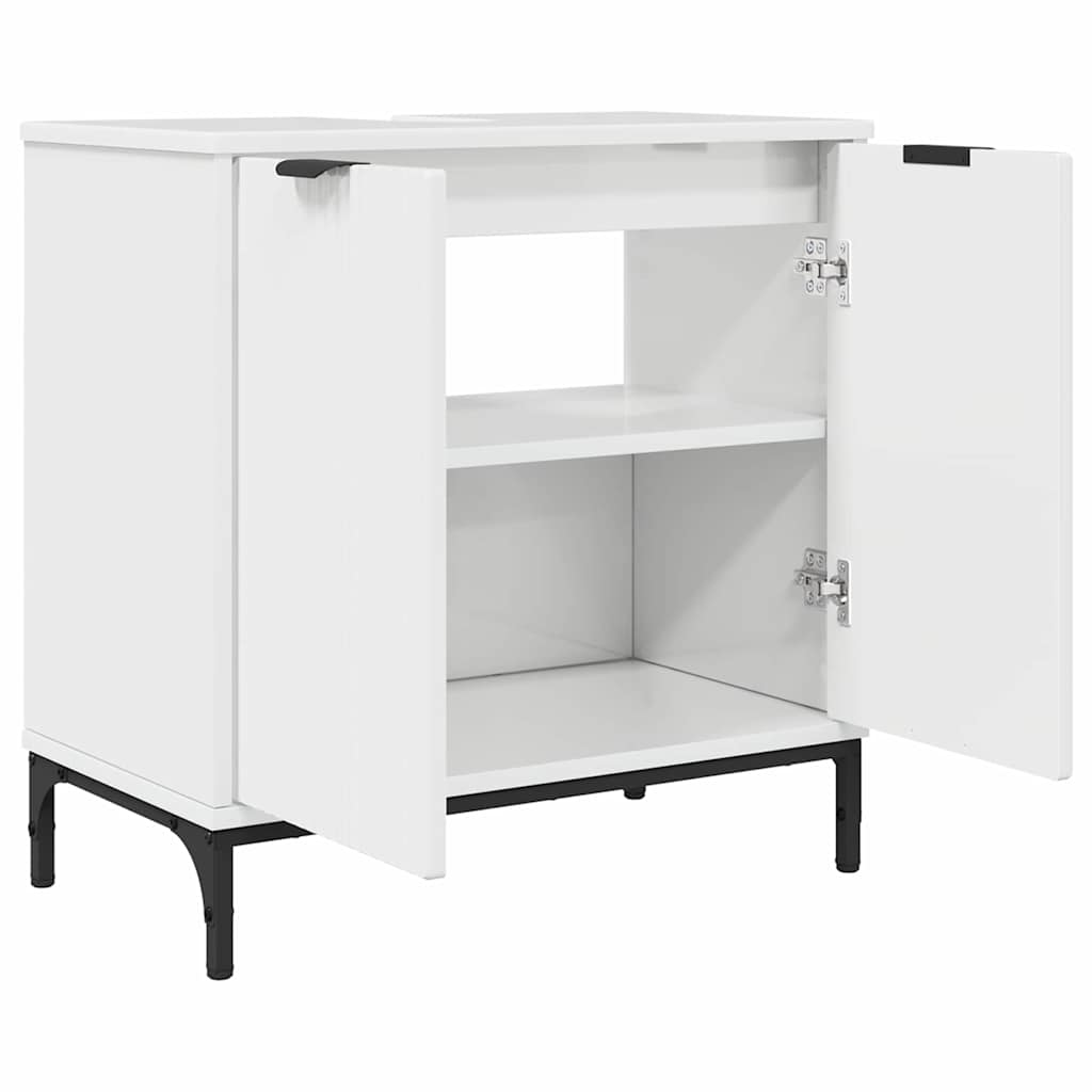 vidaXL Ensemble de meubles de salle de bain avec porte, 3 pcs, blanc brillant, bois d'ingénierie