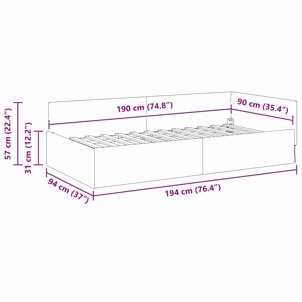 Eckbettgestell mit Kopfteil Hellgrau 90 cm x 190 cm Samt