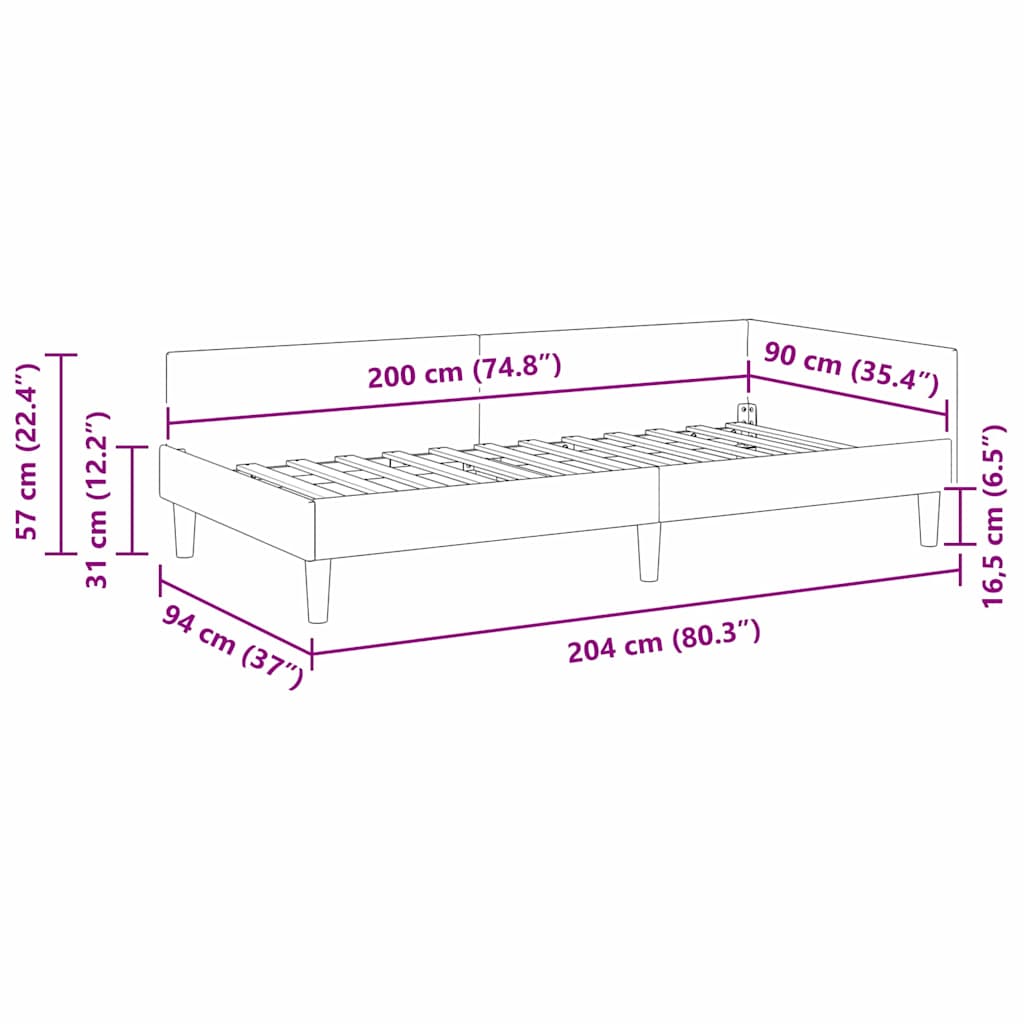 Eckbettgestell Schwarz 90 cm x 200 cm SamtundSperrholz