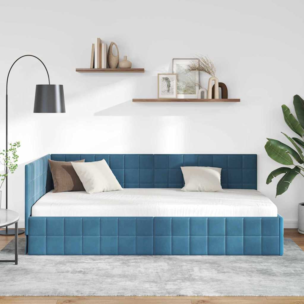 vidaXL Eckbettgestell mit Kopfteil Blau 90 cm x 200 cm Samt