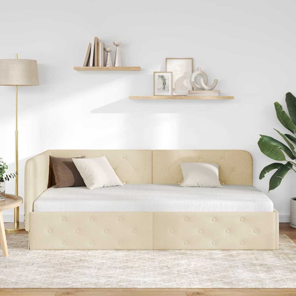 vidaXL Eckbettgestell mit Kopfteil Creme 100 x 200 cm Stoff