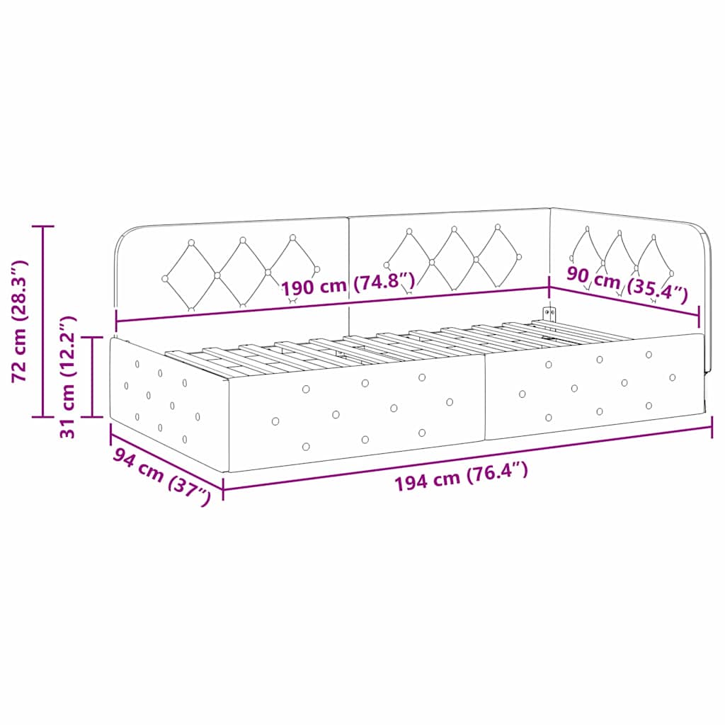 vidaXL Eckbettgestell mit Kopfteil Schwarz 90 x 190 cm Samt