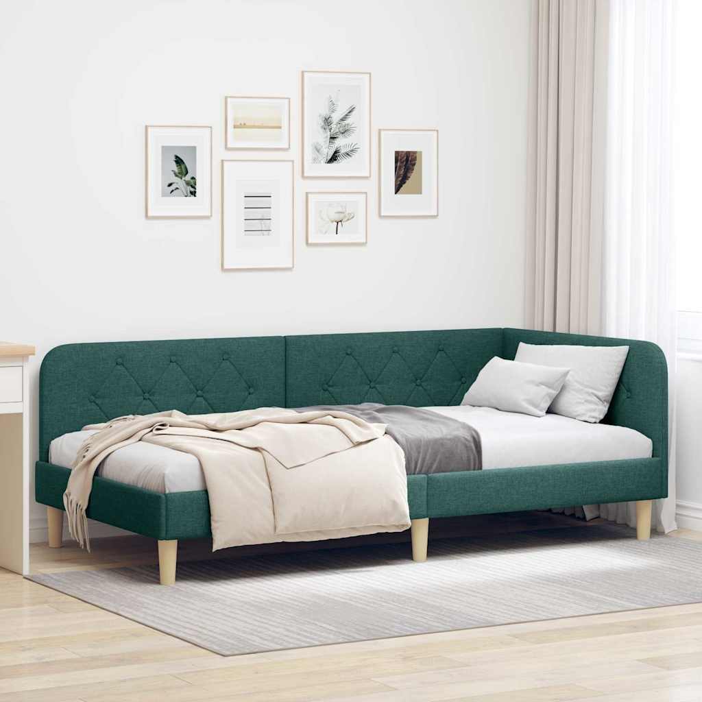 vidaXL Eckbettgestell mit Kopfteil Dunkelgrün 90 x 190 cm Stoff