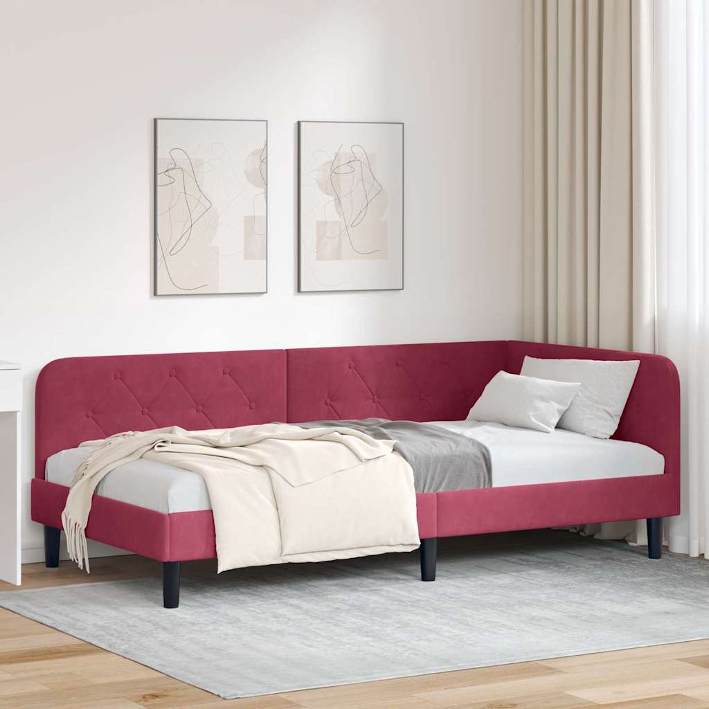 vidaXL Eckbettgestell mit Kopfteil Weinrot 90 x 190 cm Samt
