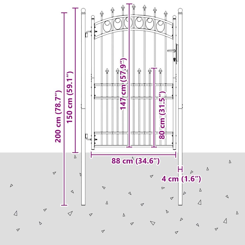 Zauntor mit Spitzen Grau 200 x 100 cm Pulverbeschichteter Stahl