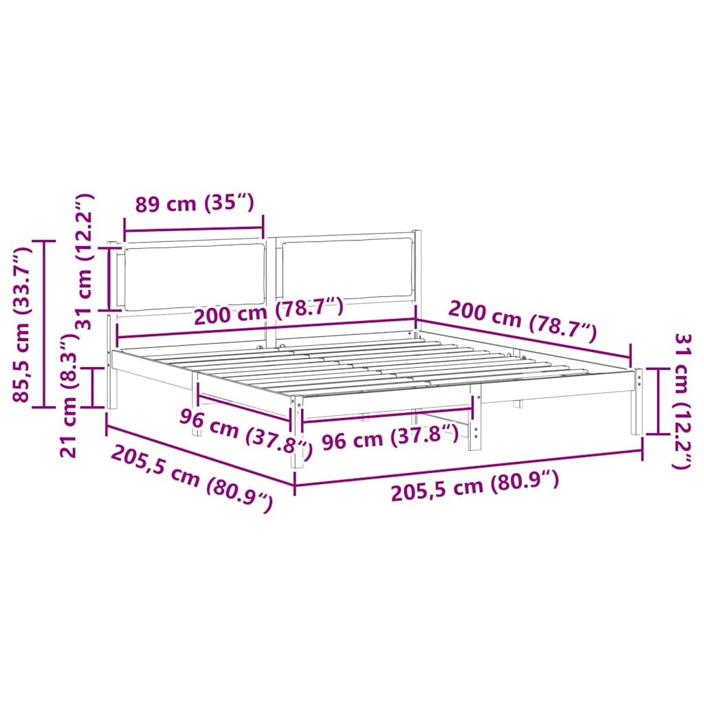 Bettrahmen Schwarz 200 x 200 cm Massives Kiefernholz