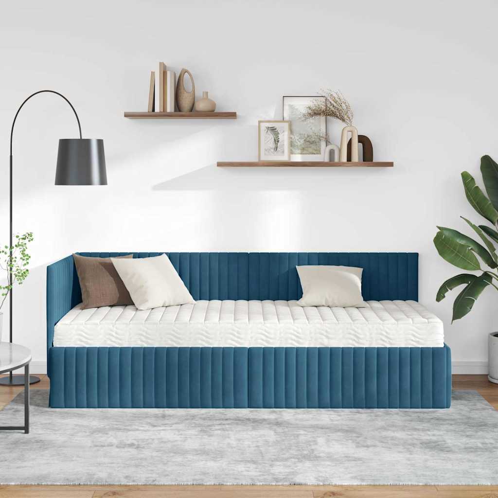 vidaXL Eckbettgestell mit Matratze mit Kopfteil 2 pcs Blau Samt