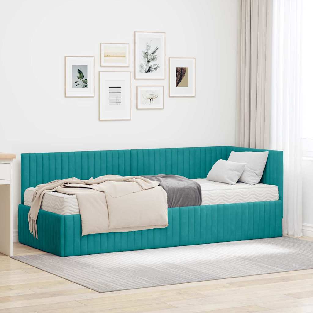 vidaXL Eckbettgestell mit Matratze mit Kopfteil 2 pcs Türkis Samt