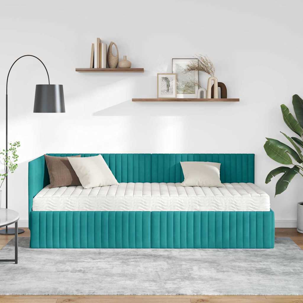 vidaXL Eckbettgestell mit Matratze mit Kopfteil 2 pcs Türkis Samt