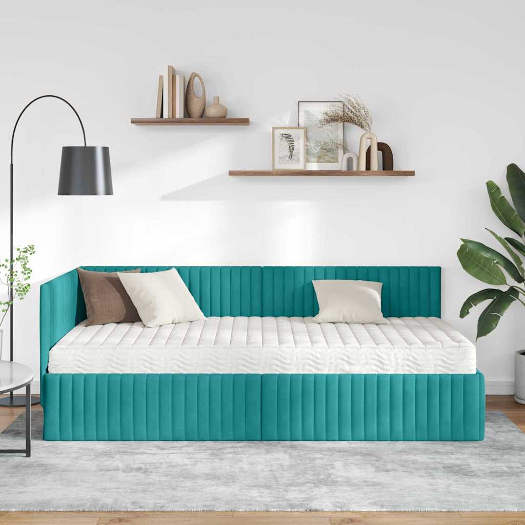 vidaXL Eckbettgestell mit Matratze mit Kopfteil 2 pcs Türkis Samt