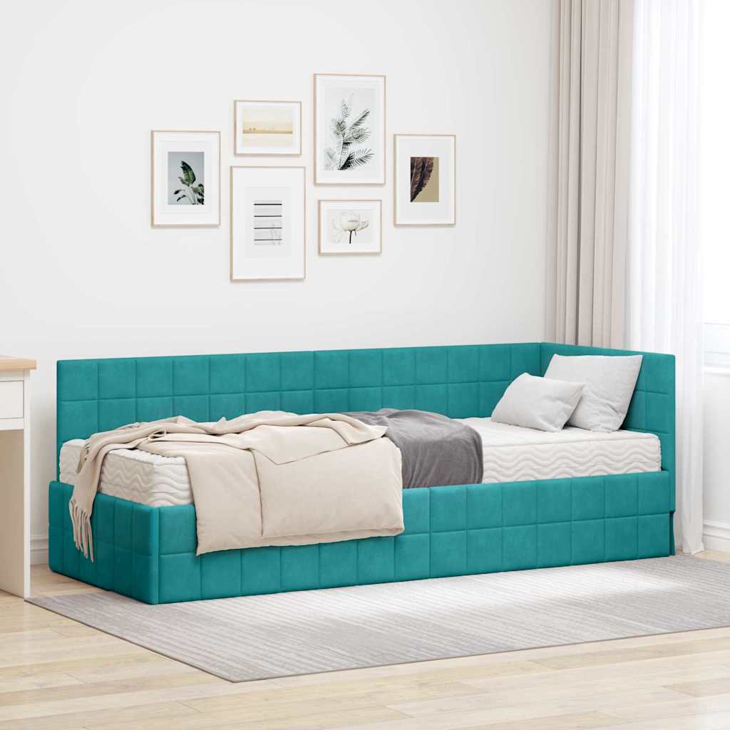 vidaXL Eckbettgestell mit Matratze mit Kopfteil 2 pcs Türkis Samt