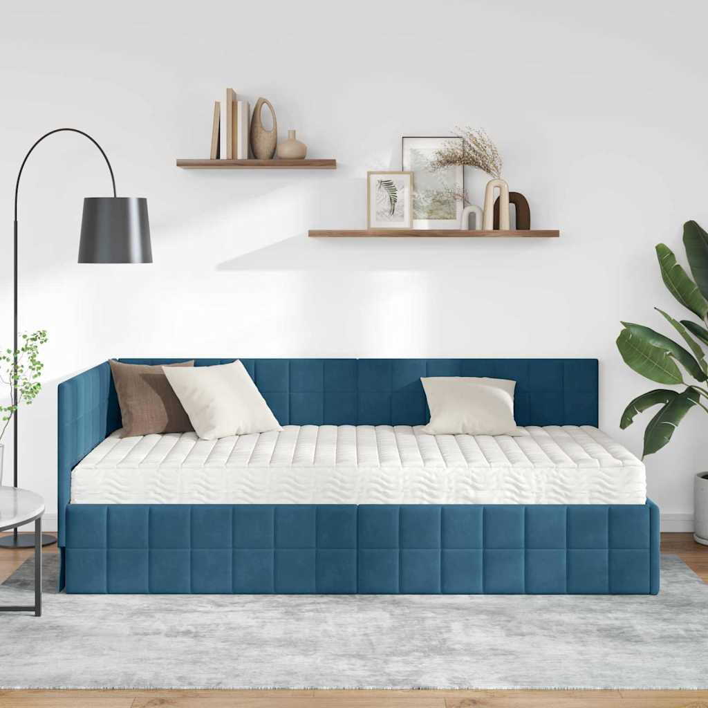 vidaXL Eckbettgestell mit Matratze mit Kopfteil 2 pcs Blau Samt