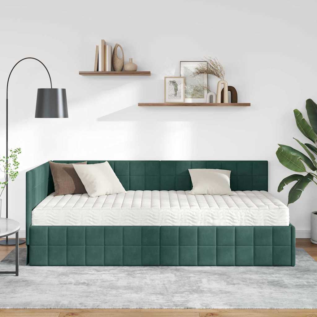 vidaXL Eckbettgestell mit Matratze mit Kopfteil 2 pcs Grün Samt