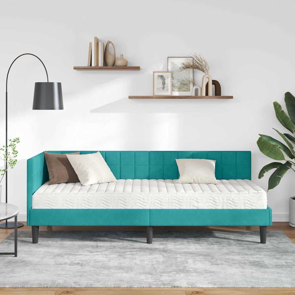 vidaXL Eckbettgestell mit Matratze mit Kopfteil 2 pcs Türkis Samt