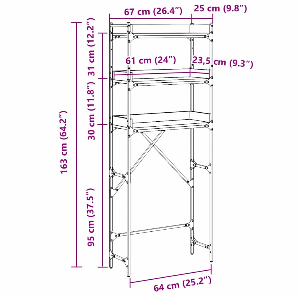 Waschmaschinenregal Schwarz 0ak 67 x 25 x 163 cm Holzwerkstoff