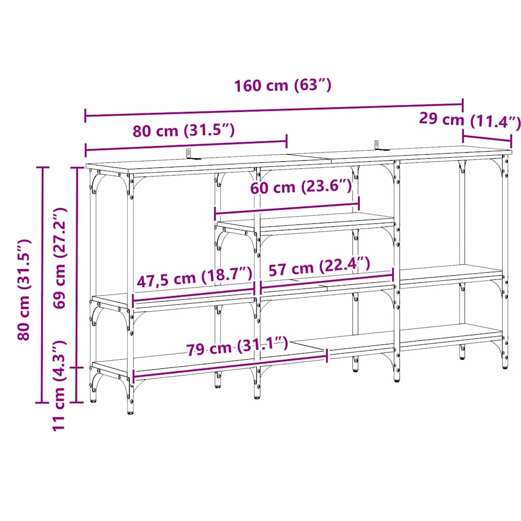 vidaXL Konsolentisch mit Regal Altholz 160 x 29 x 80 cm Holzwerkstoff