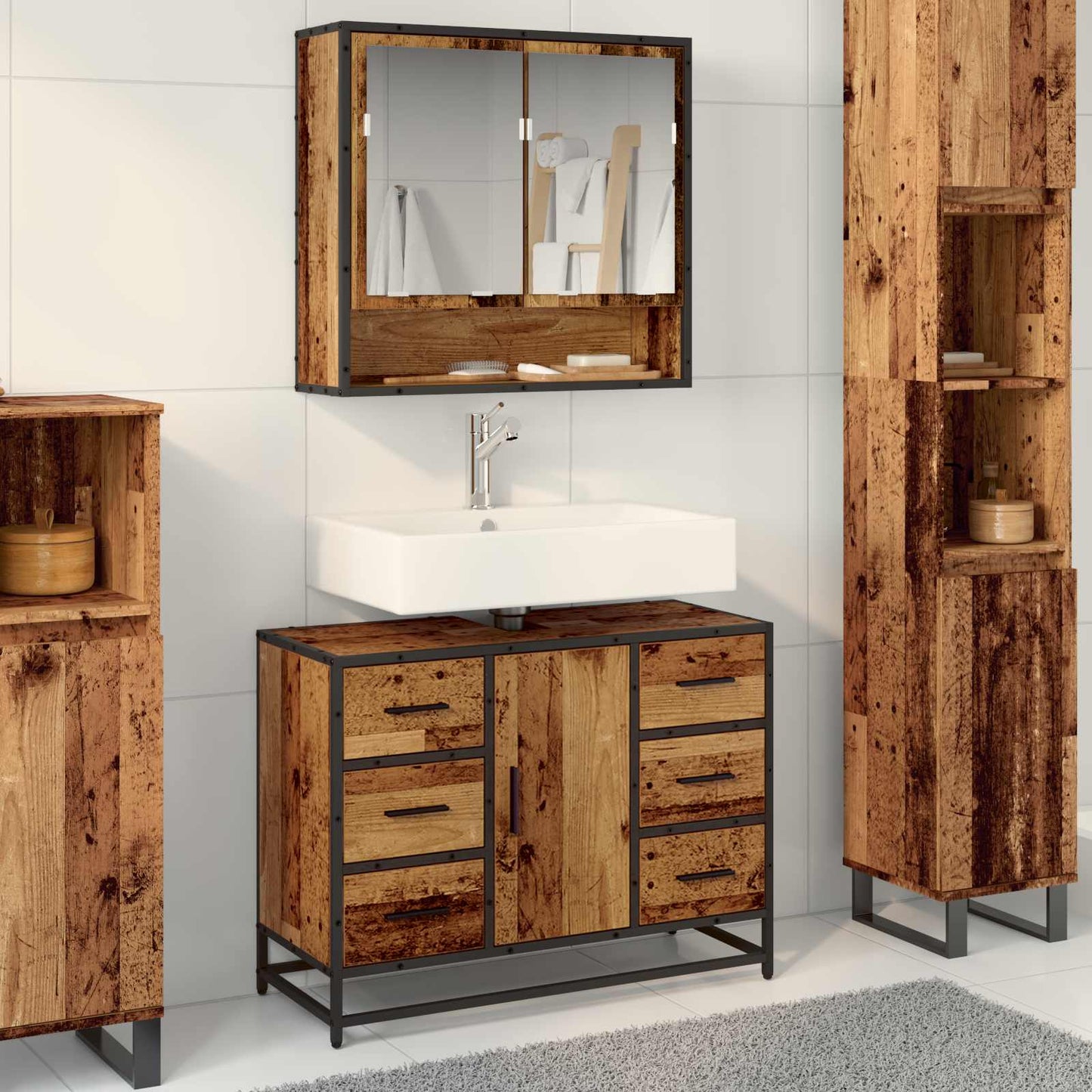 vidaXL Badezimmer Waschbecken Schrank mit Tür Altholz 80 x 33 x 60 cm
